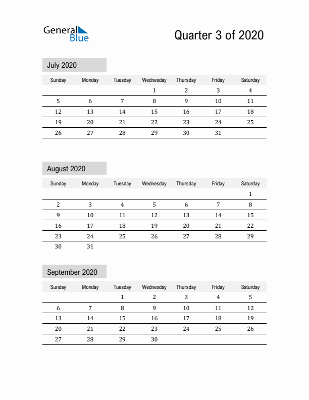 July, August, and September Calendar 2020