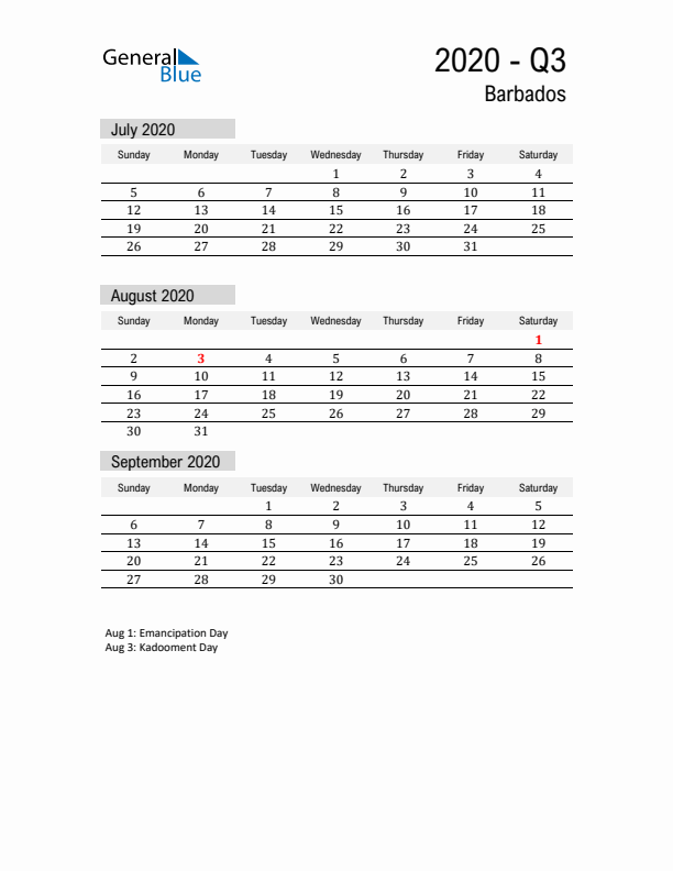 Barbados Quarter 3 2020 Calendar with Holidays
