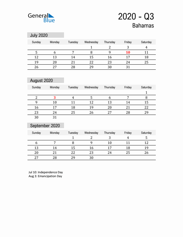 Bahamas Quarter 3 2020 Calendar with Holidays