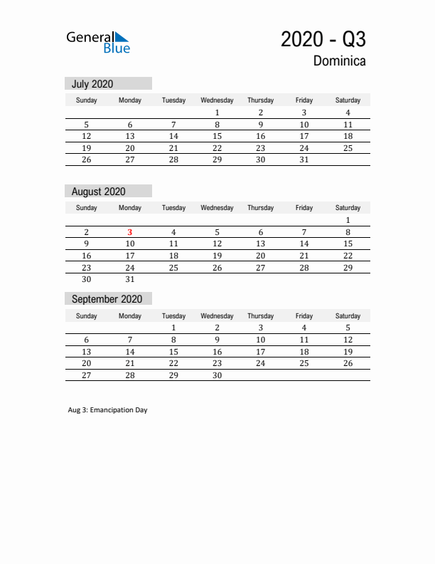 Dominica Quarter 3 2020 Calendar with Holidays