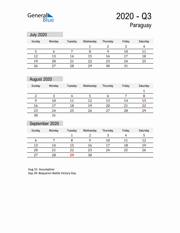 Paraguay Quarter 3 2020 Calendar with Holidays