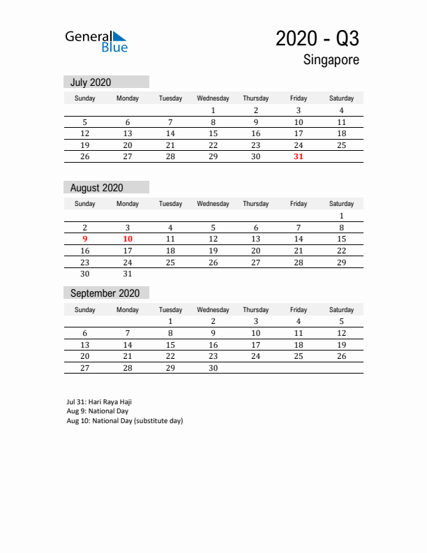 Singapore Quarter 3 2020 Calendar with Holidays