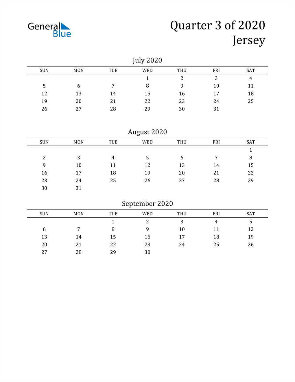  2020 Jersey Quarterly Calendar