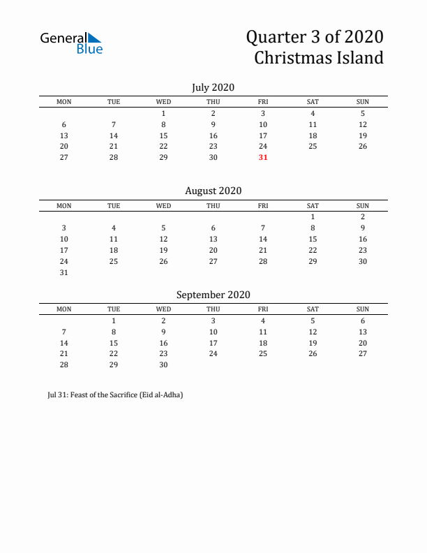 Quarter 3 2020 Christmas Island Quarterly Calendar