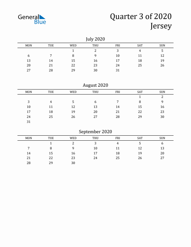 Quarter 3 2020 Jersey Quarterly Calendar