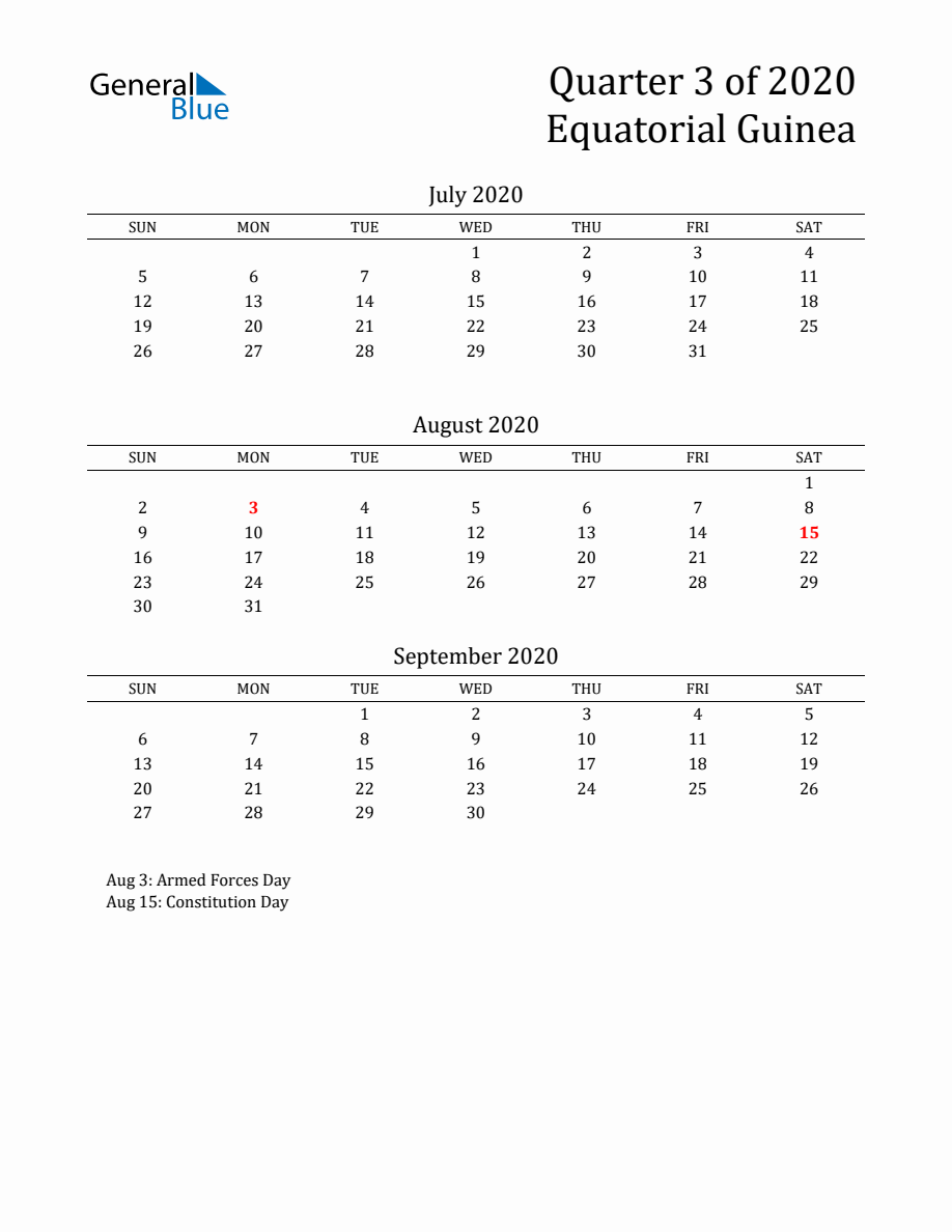 Quarter 3 2020 Equatorial Guinea Quarterly Calendar