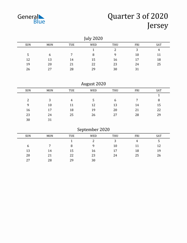 Quarter 3 2020 Jersey Quarterly Calendar
