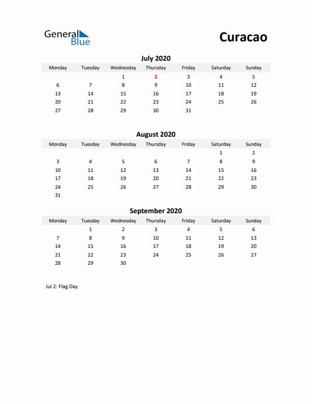 Printable Quarterly Calendar with Notes and Curacao Holidays- Q3 of 2020