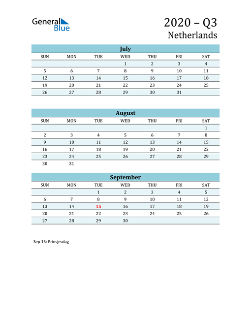  Three-Month Planner for Q3 2020 with Holidays
