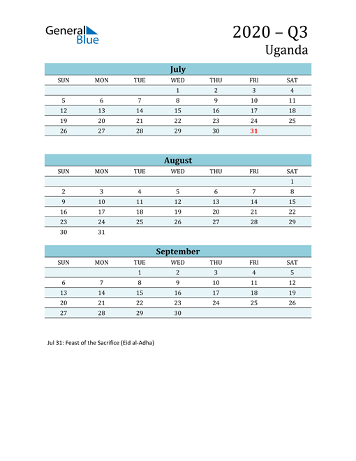  Three-Month Planner for Q3 2020 with Holidays