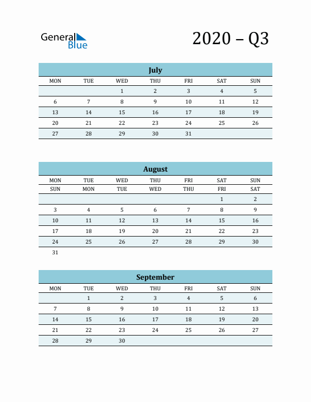 July, August, and September 2020 Calendar