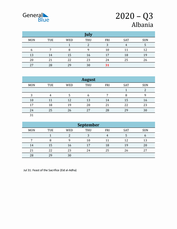 Three-Month Planner for Q3 2020 with Holidays - Albania