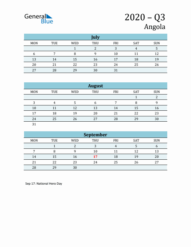 Three-Month Planner for Q3 2020 with Holidays - Angola