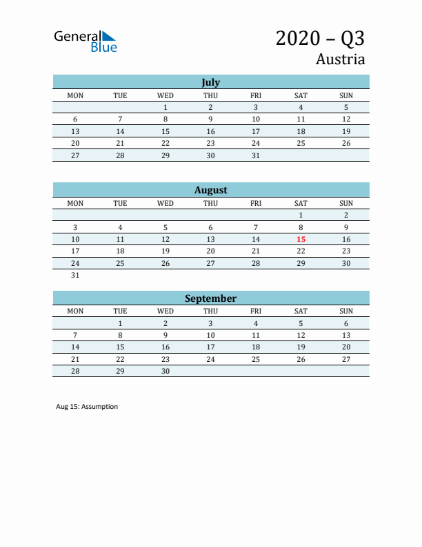 Three-Month Planner for Q3 2020 with Holidays - Austria