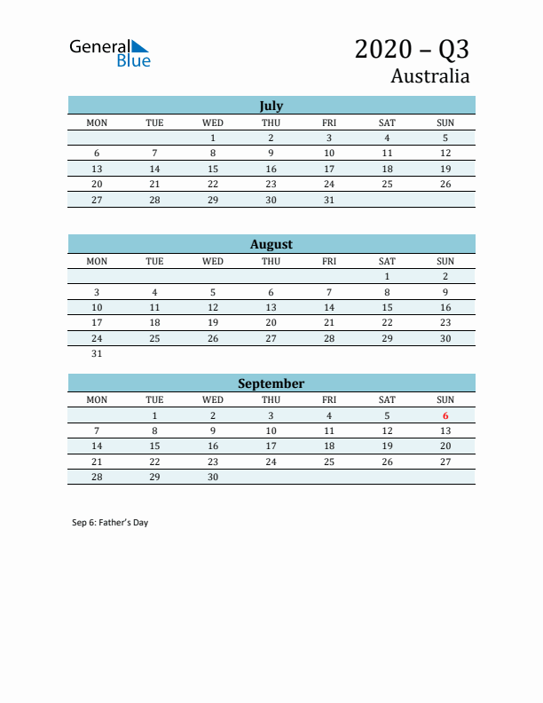 Three-Month Planner for Q3 2020 with Holidays - Australia