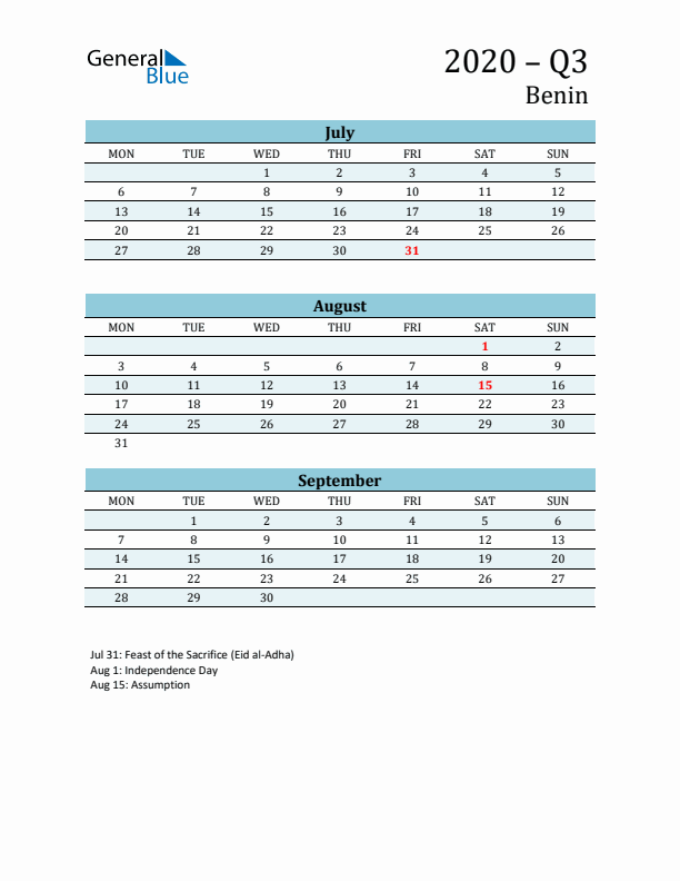 Three-Month Planner for Q3 2020 with Holidays - Benin