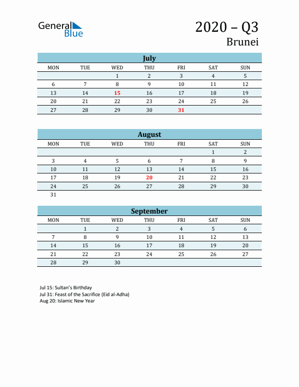 Three-Month Planner for Q3 2020 with Holidays - Brunei