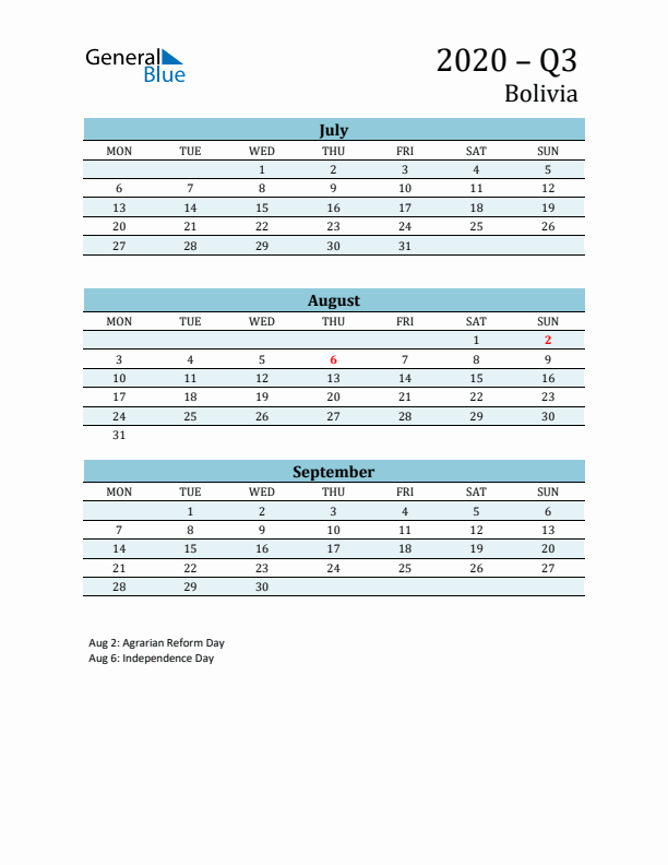 Three-Month Planner for Q3 2020 with Holidays - Bolivia