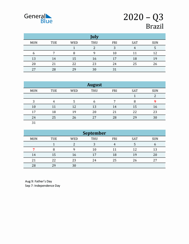 Three-Month Planner for Q3 2020 with Holidays - Brazil