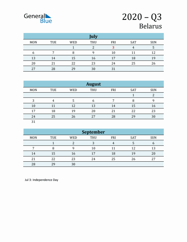 Three-Month Planner for Q3 2020 with Holidays - Belarus