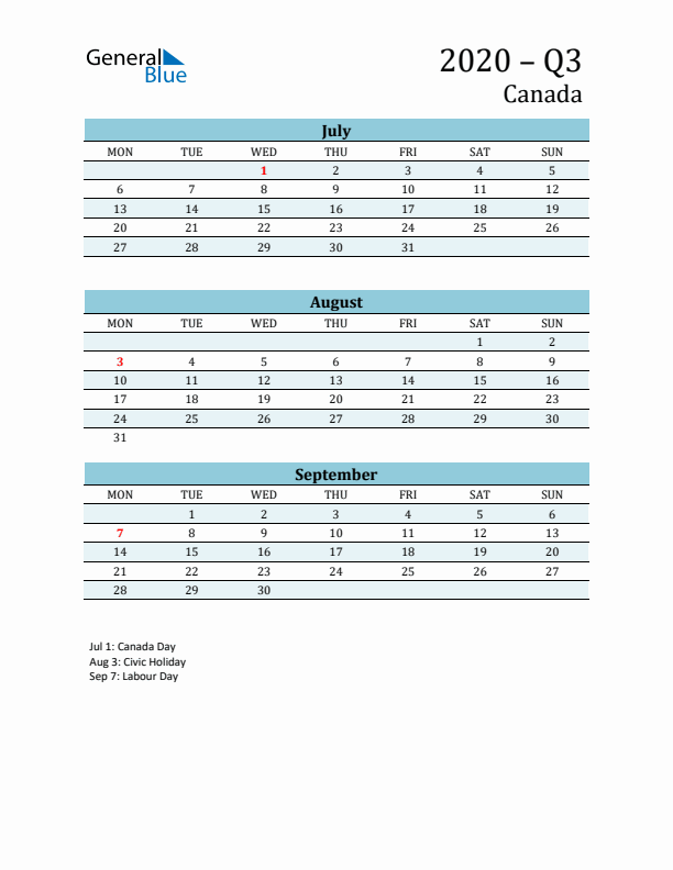Three-Month Planner for Q3 2020 with Holidays - Canada