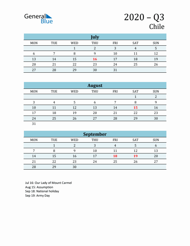 Three-Month Planner for Q3 2020 with Holidays - Chile