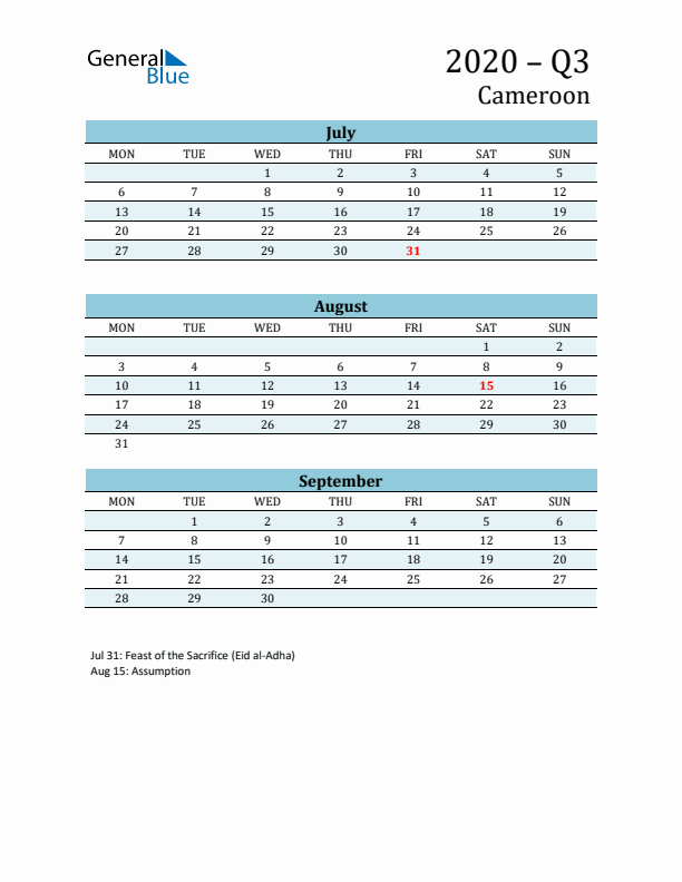 Three-Month Planner for Q3 2020 with Holidays - Cameroon