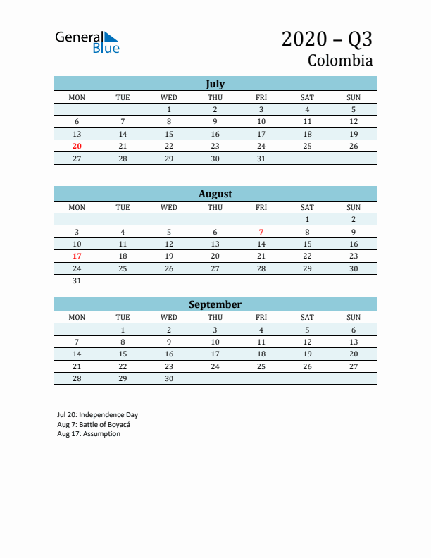 Three-Month Planner for Q3 2020 with Holidays - Colombia