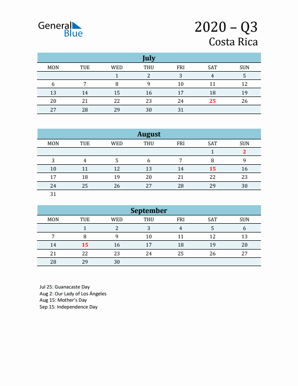 Three-Month Planner for Q3 2020 with Holidays - Costa Rica