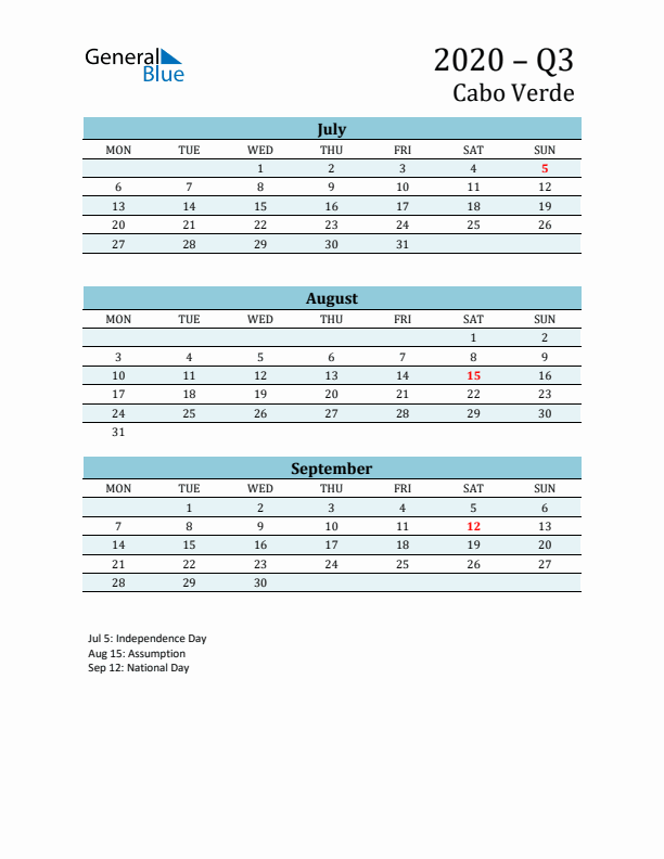 Three-Month Planner for Q3 2020 with Holidays - Cabo Verde