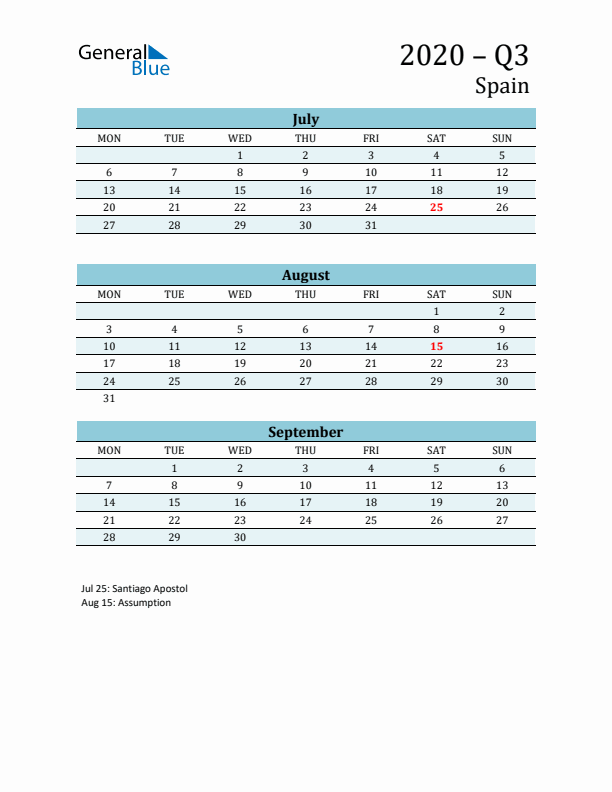 Three-Month Planner for Q3 2020 with Holidays - Spain