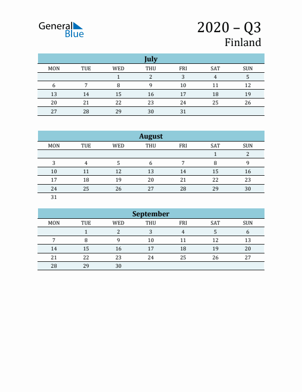 Three-Month Planner for Q3 2020 with Holidays - Finland