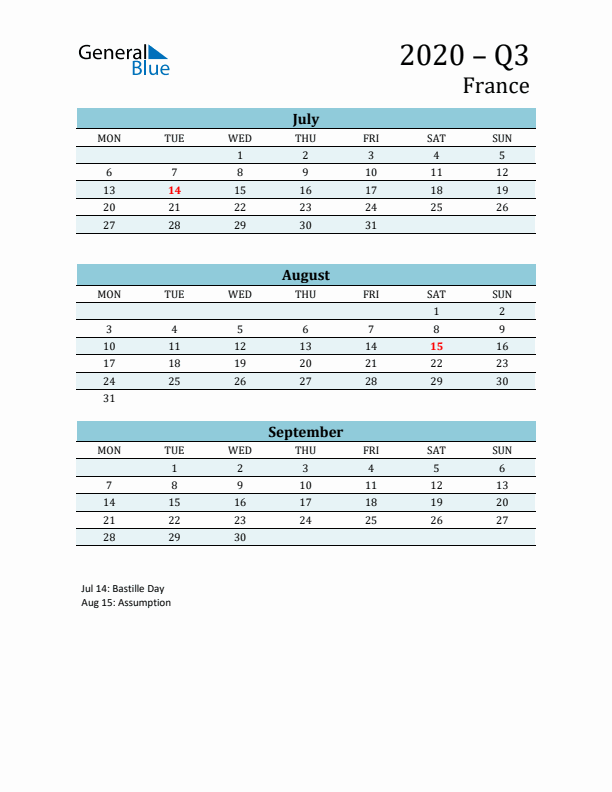 Three-Month Planner for Q3 2020 with Holidays - France