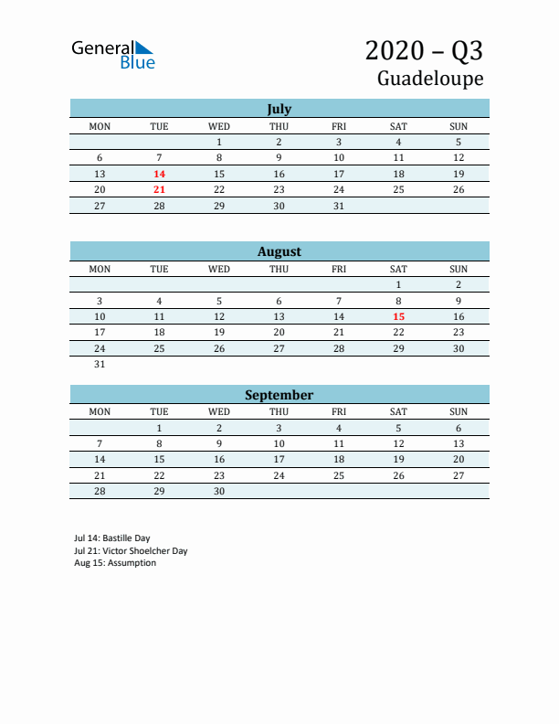 Three-Month Planner for Q3 2020 with Holidays - Guadeloupe