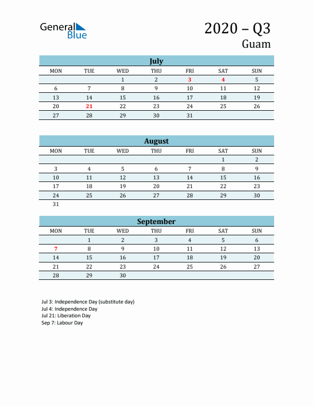 Three-Month Planner for Q3 2020 with Holidays - Guam