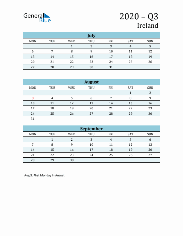 Three-Month Planner for Q3 2020 with Holidays - Ireland