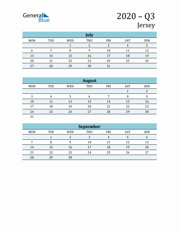 Three-Month Planner for Q3 2020 with Holidays - Jersey
