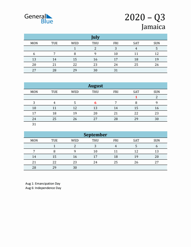 Three-Month Planner for Q3 2020 with Holidays - Jamaica
