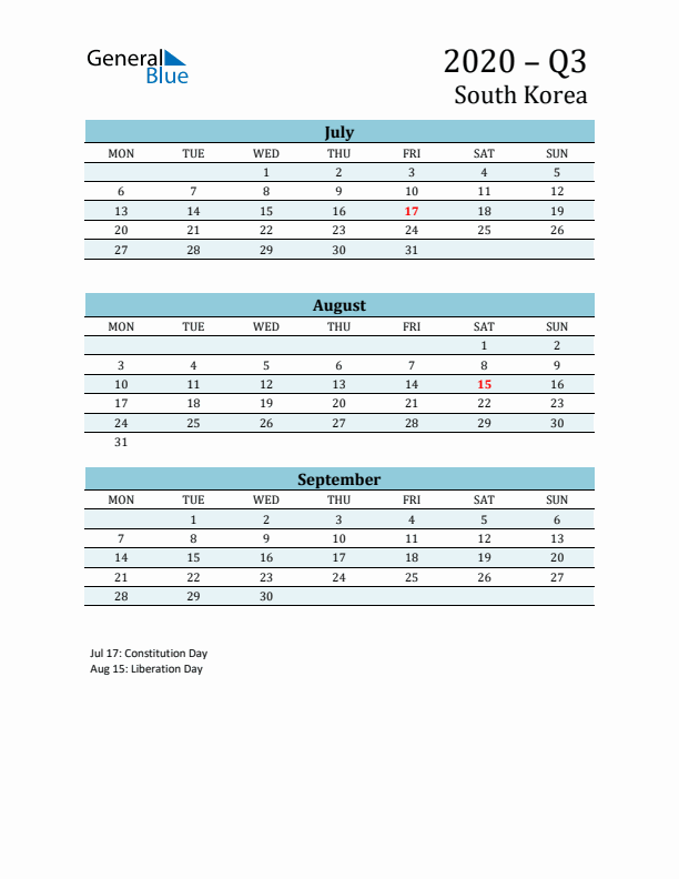 Three-Month Planner for Q3 2020 with Holidays - South Korea