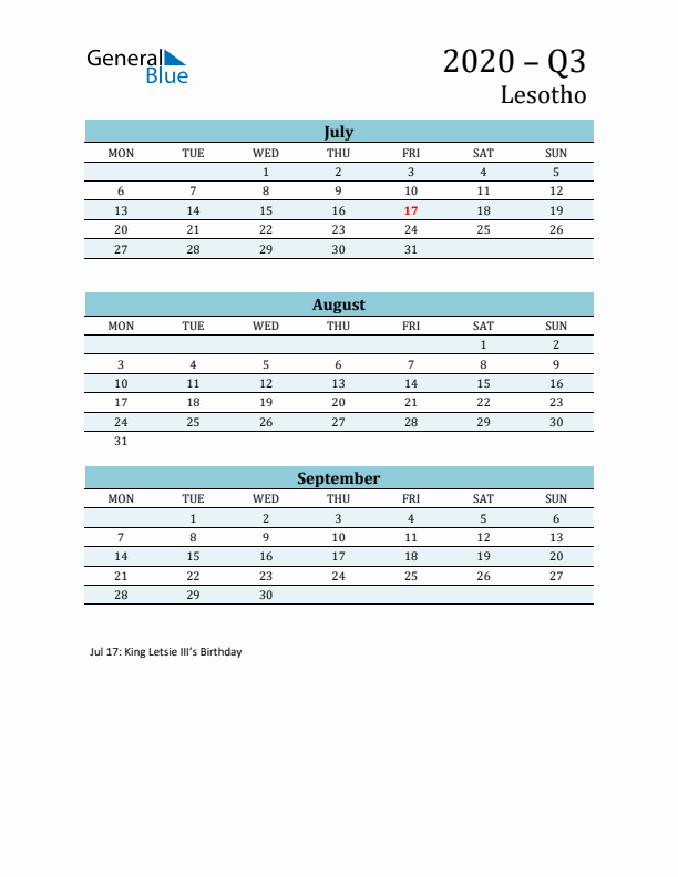 Three-Month Planner for Q3 2020 with Holidays - Lesotho