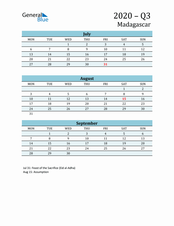Three-Month Planner for Q3 2020 with Holidays - Madagascar