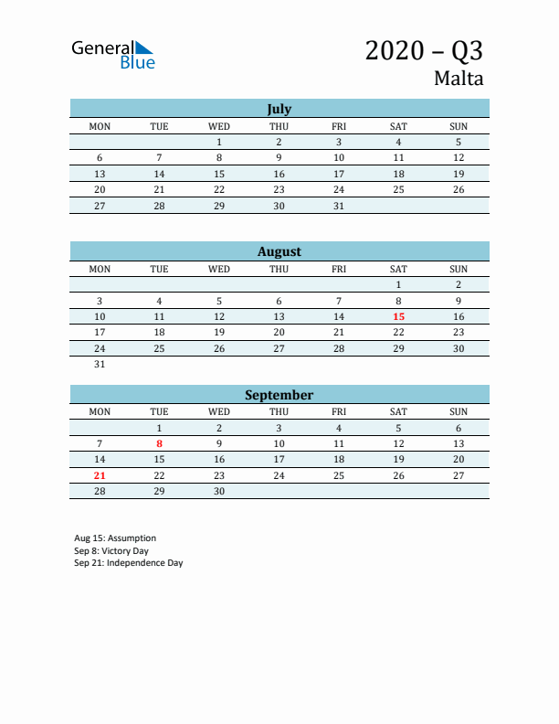 Three-Month Planner for Q3 2020 with Holidays - Malta
