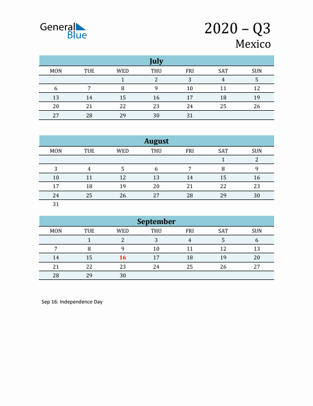 Three-Month Planner for Q3 2020 with Holidays - Mexico
