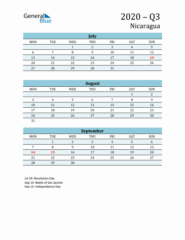 Three-Month Planner for Q3 2020 with Holidays - Nicaragua