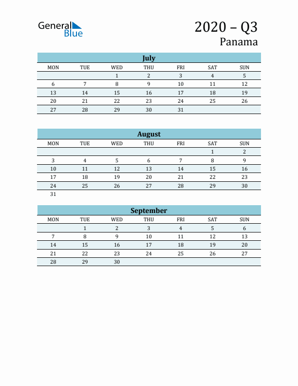 Three-Month Planner for Q3 2020 with Holidays - Panama