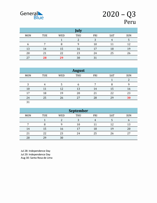 Three-Month Planner for Q3 2020 with Holidays - Peru