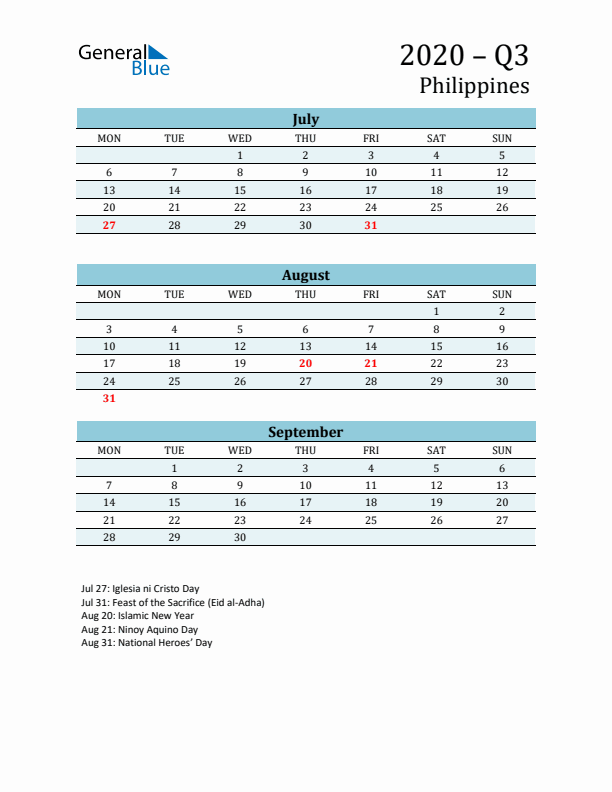 Three-Month Planner for Q3 2020 with Holidays - Philippines