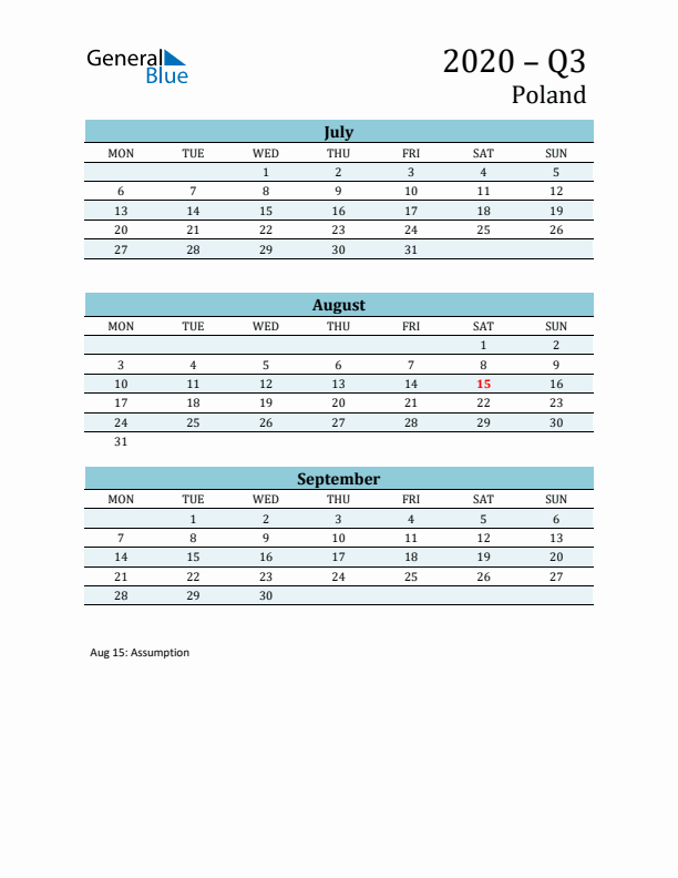 Three-Month Planner for Q3 2020 with Holidays - Poland
