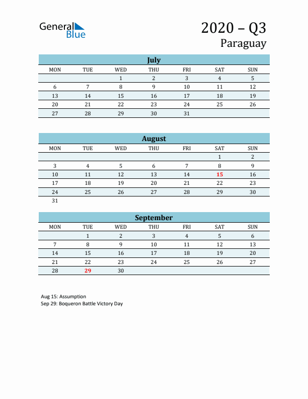 Three-Month Planner for Q3 2020 with Holidays - Paraguay