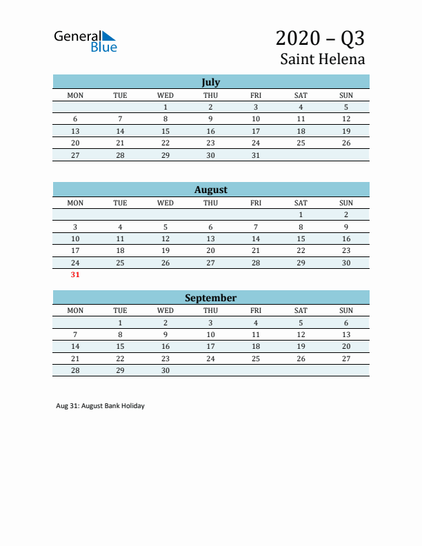Three-Month Planner for Q3 2020 with Holidays - Saint Helena